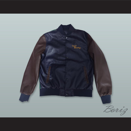 Coach Gordon Bombay Navy Blue, Green and Brown Lab Leather Varsity Letterman Jacket