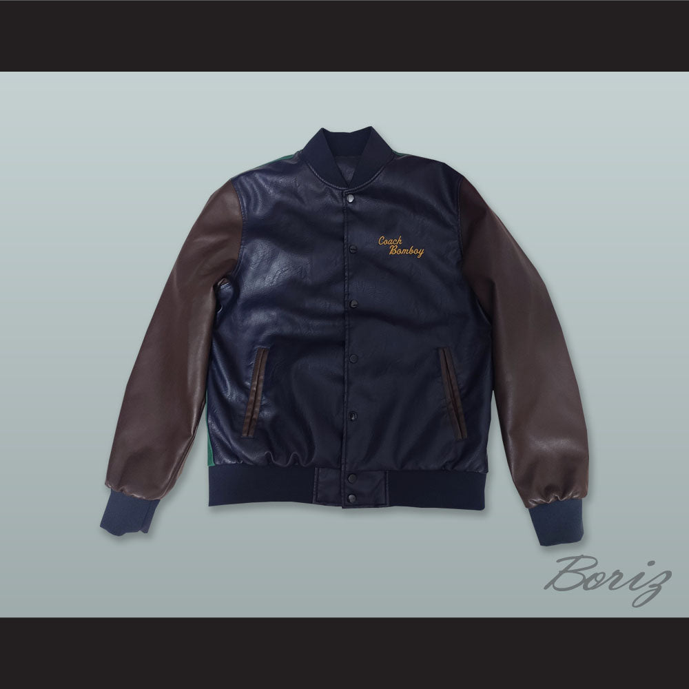 Coach Gordon Bombay Navy Blue, Green and Brown Lab Leather Varsity Letterman Jacket