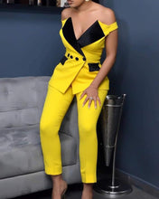 Load image into Gallery viewer, Colorblock Off Shoulder Notched Collar Buttoned Blazer &amp; Pants Sets Women 2 Piece Outfits Sexy Party Casual V Neck Short Sleeve