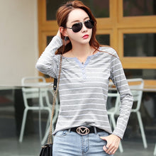 Load image into Gallery viewer, Cotton T-Shirt  Women Long Sleeve Striped T Shirt Spring Autumn Female Clothing Fashion Top Tee Lady  V-neck Plus Size 7215 50