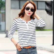 Load image into Gallery viewer, Cotton T-Shirt  Women Long Sleeve Striped T Shirt Spring Autumn Female Clothing Fashion Top Tee Lady  V-neck Plus Size 7215 50