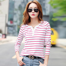 Load image into Gallery viewer, Cotton T-Shirt  Women Long Sleeve Striped T Shirt Spring Autumn Female Clothing Fashion Top Tee Lady  V-neck Plus Size 7215 50