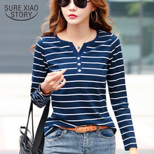 Load image into Gallery viewer, Cotton T-Shirt  Women Long Sleeve Striped T Shirt Spring Autumn Female Clothing Fashion Top Tee Lady  V-neck Plus Size 7215 50