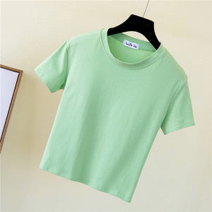 Crop Top T-Shirt Female Solid Cotton O-Neck Short Sleeve T-shirts for Women High Waist Slim Short Sport Blanc Femme T-Shirt