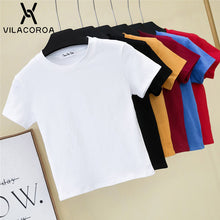 Load image into Gallery viewer, Crop Top T-Shirt Female Solid Cotton O-Neck Short Sleeve T-shirts for Women High Waist Slim Short Sport Blanc Femme T-Shirt