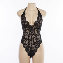 Load image into Gallery viewer, Cryptographic Backless halter lace bodysuit transparent female body hot sexy teddies 2020 jumpsuits women deep V sheer bodysuits