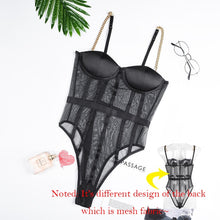 Load image into Gallery viewer, Cryptographic Black Mesh Transparent Bodysuit Metal Chain Straps Backless Bodysuits Sexy Bodycon Jumpsuit Fashion Club Party