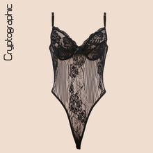 Load image into Gallery viewer, Cryptographic Black bow lace bodysuit women backless transparent sexy body jumpsuit rompers 2020 catsuit bodysuits slim overalls