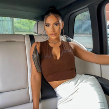 Load image into Gallery viewer, Cryptographic Diamond Letters Summer Crop Tops V-Neck Sleeveless Sexy Top Tees Slim Short Cropped Feminino Tops Chic Streetwear