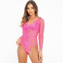 Load image into Gallery viewer, Cryptographic Hot Sale mesh lace bodysuit women body suit transparent sexy long sleeve catsuit jumpsuit 2019 bralette bodysuits