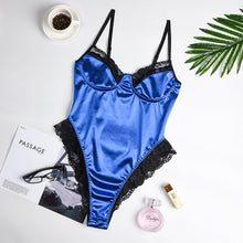 Load image into Gallery viewer, Cryptographic Lace Patchwork Satin Bodysuit Sexy Backless Jumpsuit Slim Women Tops One Piece Fashion Club Party Bodysuits Skinny