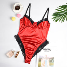 Load image into Gallery viewer, Cryptographic Lace Patchwork Satin Bodysuit Sexy Backless Jumpsuit Slim Women Tops One Piece Fashion Club Party Bodysuits Skinny