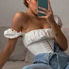 Load image into Gallery viewer, Cryptographic Off Shoulder Fashion Lace Up Shirts Blouse Blouse Women White Crop Tops Blouses Clothes Vintage Tie Front Tops