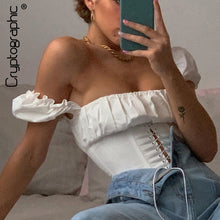 Load image into Gallery viewer, Cryptographic Off Shoulder Fashion Lace Up Shirts Blouse Blouse Women White Crop Tops Blouses Clothes Vintage Tie Front Tops