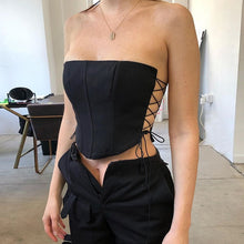 Load image into Gallery viewer, Cryptographic Off Shoulder Strapless Lace Up Sexy Bustier Corset Crop Tops for Women Black Sleeveless Vest Top Cropped Feminino