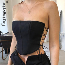 Load image into Gallery viewer, Cryptographic Off Shoulder Strapless Lace Up Sexy Bustier Corset Crop Tops for Women Black Sleeveless Vest Top Cropped Feminino