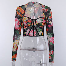 Load image into Gallery viewer, Cryptographic Sexy Backless Fashion Floral Print Blouses Women Tops Shirt Short Square Collar Cropped Tops Slim Hot Streetwear