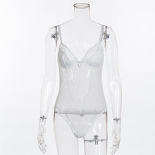 Load image into Gallery viewer, Cryptographic deep V fashion lace sexy bodysuit women patchwork mesh transparent female jumpsuit slim body mujer hot catsuit