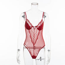 Load image into Gallery viewer, Cryptographic deep V fashion lace sexy bodysuit women patchwork mesh transparent female jumpsuit slim body mujer hot catsuit