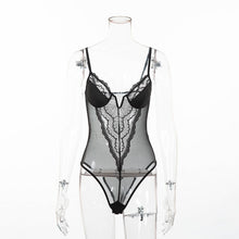 Load image into Gallery viewer, Cryptographic deep V fashion lace sexy bodysuit women patchwork mesh transparent female jumpsuit slim body mujer hot catsuit