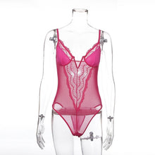 Load image into Gallery viewer, Cryptographic deep V fashion lace sexy bodysuit women patchwork mesh transparent female jumpsuit slim body mujer hot catsuit