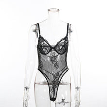 Load image into Gallery viewer, Cryptographic hot sale sheer lace bodysuit women backless transparent mesh bow sexy jumpsuit 2021 catsuit straps bodysuits thong