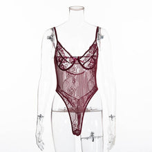 Load image into Gallery viewer, Cryptographic hot sale sheer lace bodysuit women backless transparent mesh bow sexy jumpsuit 2021 catsuit straps bodysuits thong