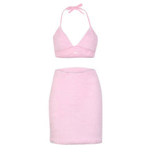 Load image into Gallery viewer, Cute Pink Fluffy Faux Fur Two Piece Set Women Sexy Crop Top Bodycon Mini Skirts Party Night Club 2 Piece Outfits Matching Sets