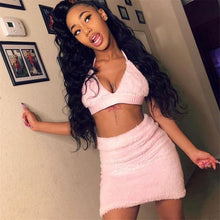 Load image into Gallery viewer, Cute Pink Fluffy Faux Fur Two Piece Set Women Sexy Crop Top Bodycon Mini Skirts Party Night Club 2 Piece Outfits Matching Sets