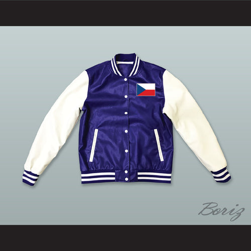 Czech Republic Blue and White Lab Leather Varsity Letterman Jacket