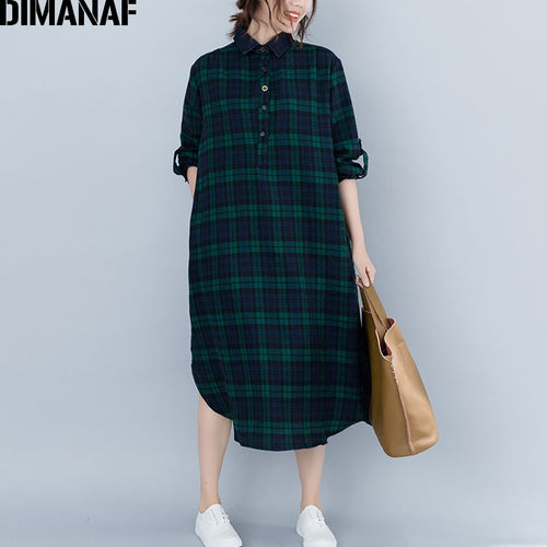 DIMANAF Women's Dresses Long Sleeve Cotton Vintage Female Clothing Big Sizes Vestidos Loose Print Plaid Ladies Dress 2019 Autumn