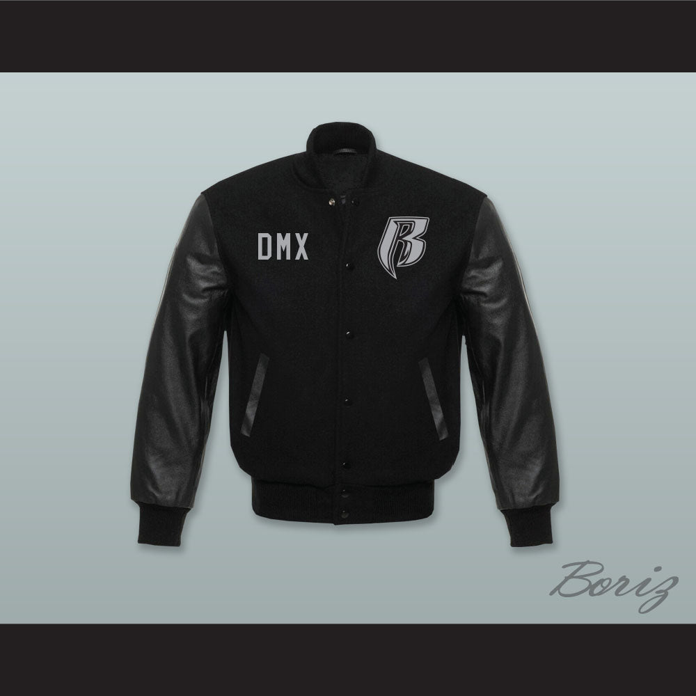 DMX Rough Ryders NYC Black Wool and Black Lab Leather Varsity Letterman Jacket