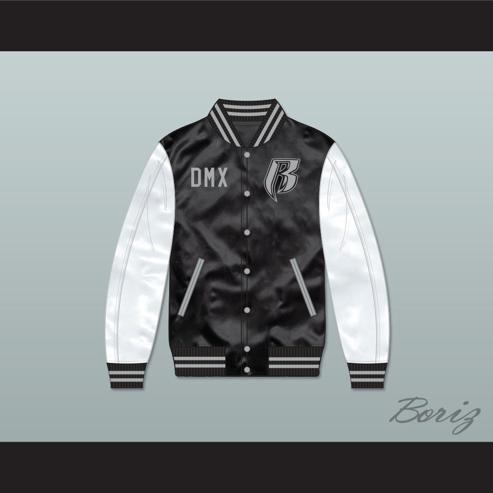 DMX Ruff Ryders Black and White Varsity Letterman Satin Bomber Jacket