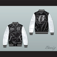 Load image into Gallery viewer, DMX Ruff Ryders Black and White Varsity Letterman Satin Bomber Jacket