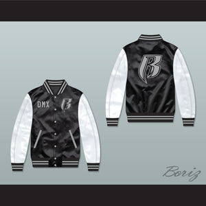 DMX Ruff Ryders Black and White Varsity Letterman Satin Bomber Jacket