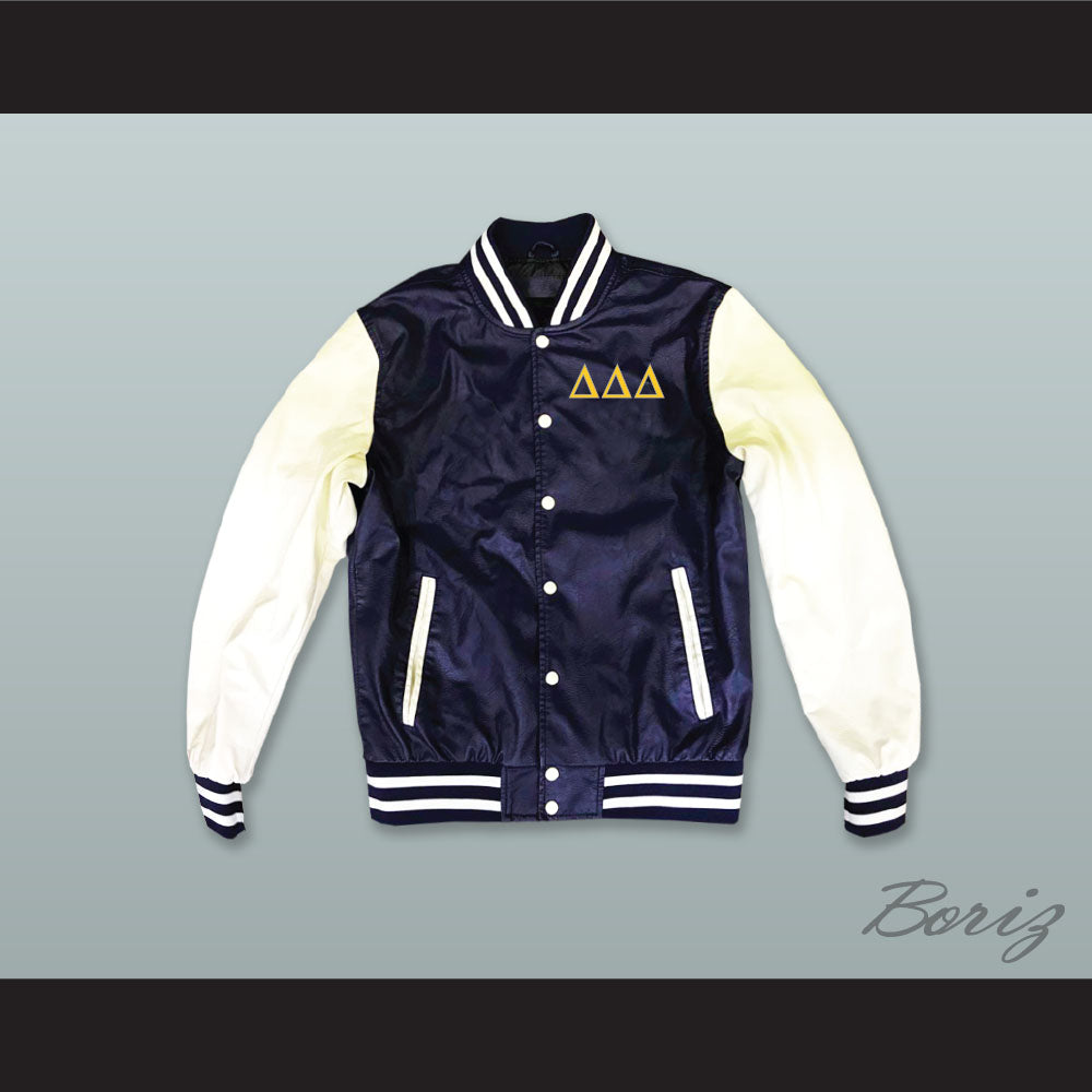 Delta Delta Delta Sorority Navy Blue and White Lab Leather Varsity Letterman Jacket