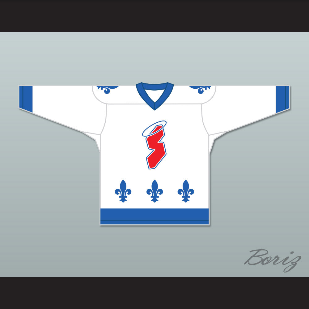 Denis Mercure 17 Les Saints de Chicoutimi White Hockey Jersey- Lance et compte (He Shoots, He Scores)