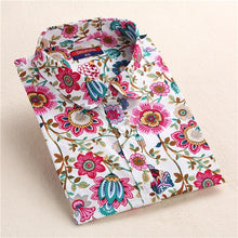 Load image into Gallery viewer, Dioufond Summer Floral Blouse Shirt Women Long Sleeve Tops Cotton Shirts White Navy Blouses Small Flower Blusas Femininas 2016