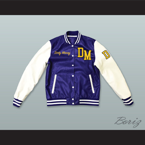 Dirty Money Blue and White Lab Leather Varsity Letterman Jacket