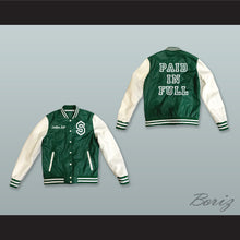 Load image into Gallery viewer, Dollar Bill Paid In Full Green and White Lab Leather Varsity Letterman Jacket
