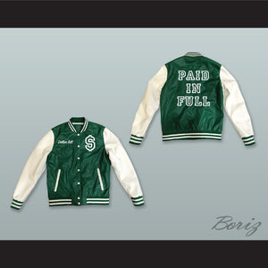 Dollar Bill Paid In Full Green and White Lab Leather Varsity Letterman Jacket