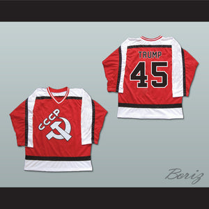 Donald Trump 45 CCCP Russia Hammer and Sickle Red Hockey Jersey Fake News