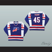 Load image into Gallery viewer, Donald Trump 45 Team USA Blue Hockey Jersey
