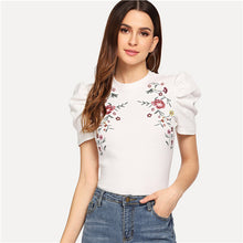 Load image into Gallery viewer, Dotfashion White Embroidered Puff Sleeve Mock Tee Women 2019 Clothes Tops Casual Summer Short Sleeve Fashion Slim Fit T-Shirt