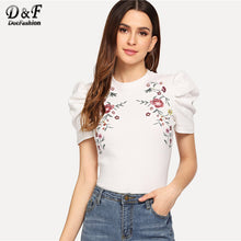 Load image into Gallery viewer, Dotfashion White Embroidered Puff Sleeve Mock Tee Women 2019 Clothes Tops Casual Summer Short Sleeve Fashion Slim Fit T-Shirt