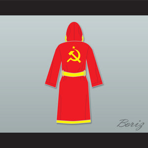 Ivan Drago Russian Red Satin Full Boxing Robe with Hood