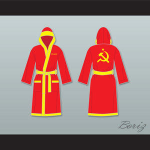Ivan Drago Russian Red Satin Full Boxing Robe with Hood