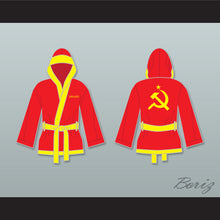 Load image into Gallery viewer, Ivan Drago Russian Red Satin Half Boxing Robe with Hood