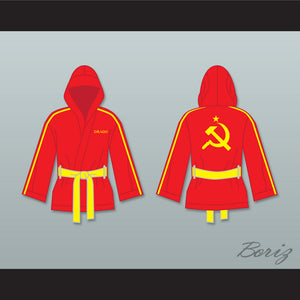 Ivan Drago Russia Red Satin Half Boxing Robe with Hood