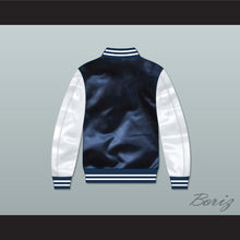Load image into Gallery viewer, Drake SNL Teen Wolf Navy Blue/ White Varsity Letterman Satin Bomber Jacket